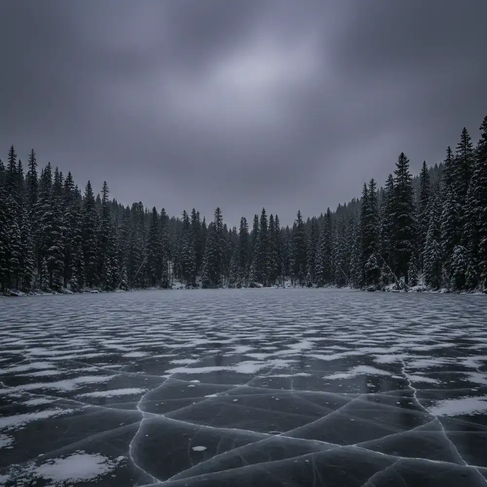 High altitude frozen lake surrounded by pines