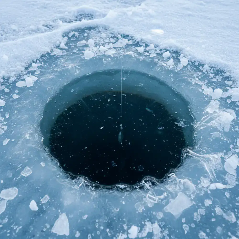 Thick ice fishing hole cut into a deep clear lake