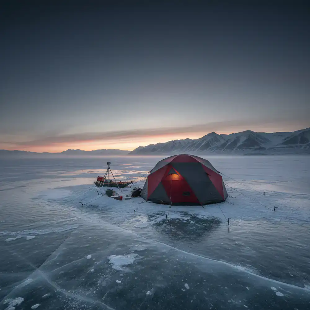 Expedition tent pitched on a vast frozen lake at dawn