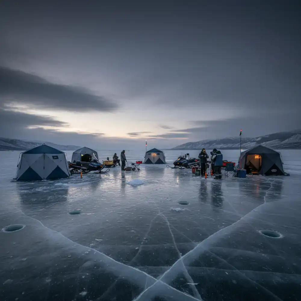 Guided ice fishing tour on a vast frozen lake
