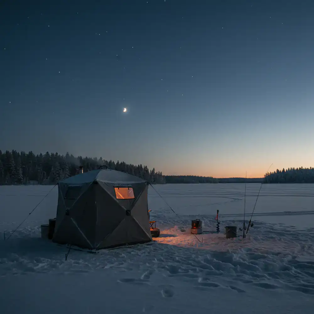 Guide setting up an ice fishing station on a vast frozen lake