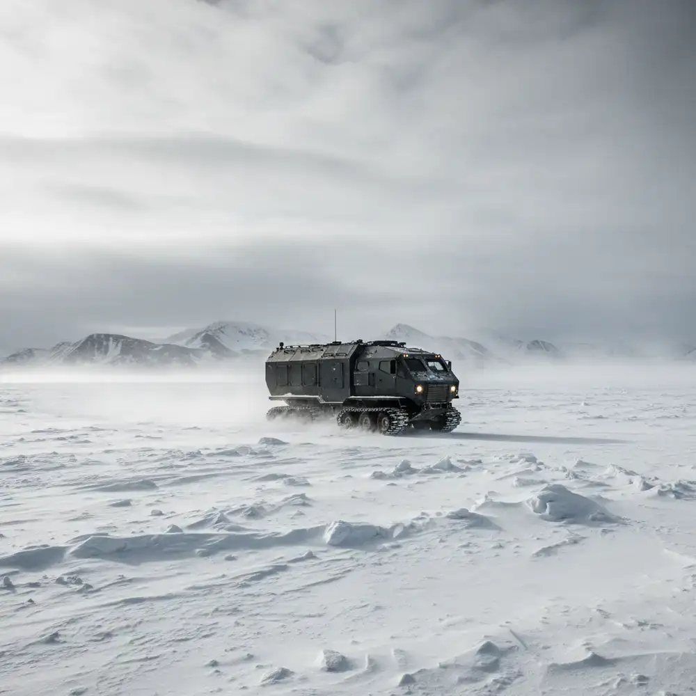 Expedition transport moving across a snowy frozen surface